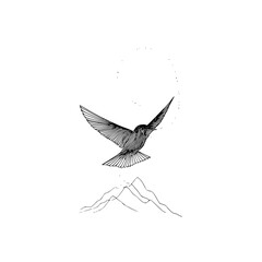 Fototapeta premium Bird in flight above mountain range with a dotted circle in a black and white line drawing style