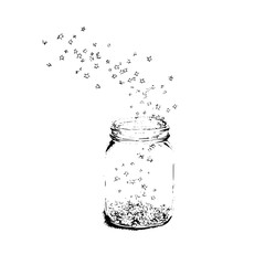 Illustration of a mason jar with stars floating into it against a plain white background art drawing