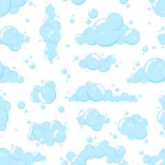 Soap bubbles seamless pattern. Blue foam, washing or douche gel, bath wash effect. Cartoon decorative fabric wrapping print template, vector background