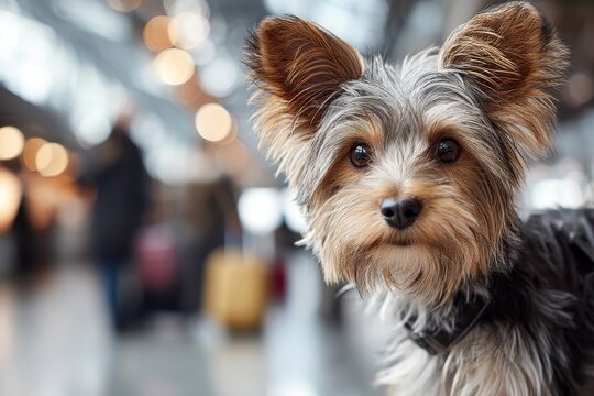 yorkshire terrier over busy airport terminal