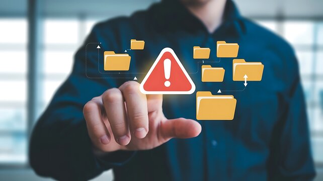 Man pointing at digital warning sign surrounded by file folder icons alert danger