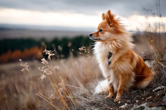 pomeranian over quiet countryside landscape