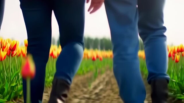 Couple walking hand in hand through a vibrant tulip field during springtime.