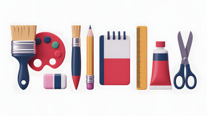 Art supplies collection 3D render of painting brushes palette pencil notebook ruler scissors