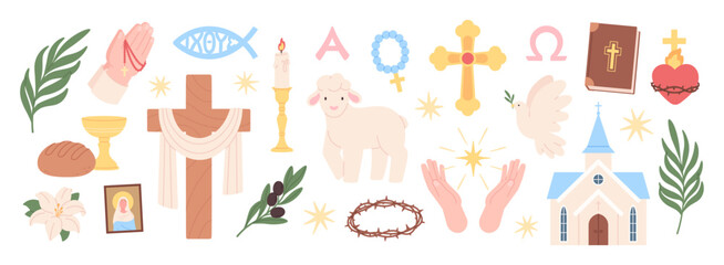 Christian signs set. Isolated christianity church symbols, sheep, holy bible, crucifix, rosaries with cross, crown of thorns, buildings, racy vector clipart