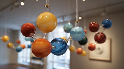 A chemistry-themed art installation with suspended molecules 