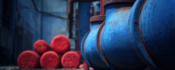 Close-up shot of weathered blue pipes with red circular objects in the foreground, creating a textured scene.