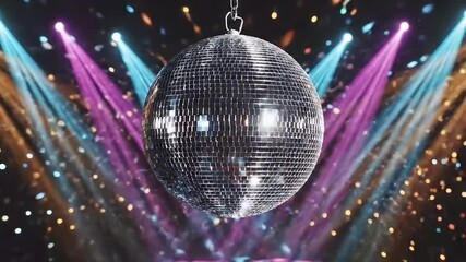 A dazzling mirrored disco ball hangs centrally, reflecting vibrant, multi-colored spotlights in shades of pink, blue, and orange across a darkened background. Shimmering bokeh lights create a dynamic 