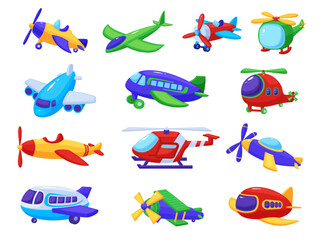 Cartoon toy aeroplanes. Isolated plane, helicopters plastic toys for children play. Rescue helicopter, fighter aircraft, flying airplane, nowaday vector set