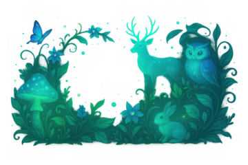 Enchanted forest animals glowing in bioluminescent fantasy with deer, owl, rabbit, mushroom, butterfly, transparent background