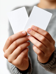 close-up photo of a young elementary school child's right hand holding two blank playing cards, cards held together