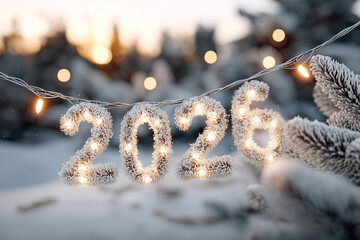 A stylized and creative image for PF 2026 Christmas: a snowy landscape at twilight with the numbers "2026" 