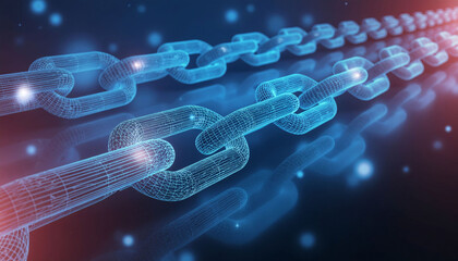 Dynamic 3D blockchain chain illustration representing security, data protection, and technological innovation for digital business