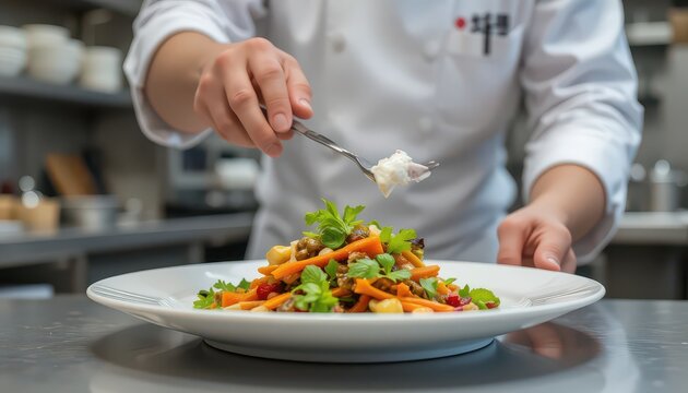 Expert chef meticulously garnishes vibrant healthy salad with fresh herbs in upscale professional kitchen setting