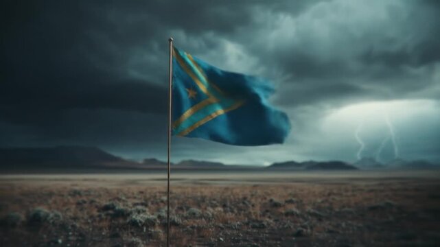A blue flag with a star and gold design waves in a stormy scene, lightning flashes over a barren landscape