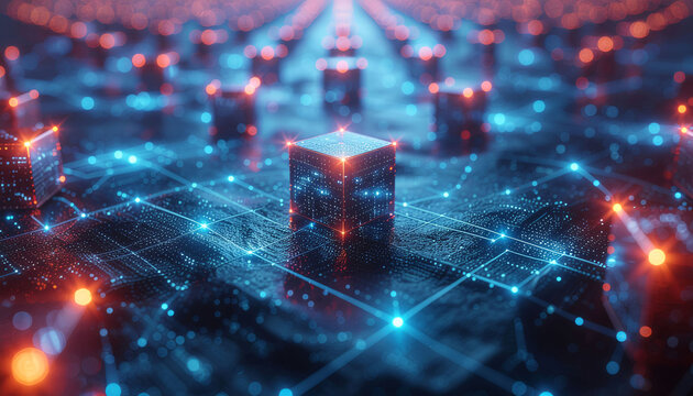 Dynamic digital data cubes illuminating a futuristic network of advanced technology, perfect for innovative tech concepts and creative design
