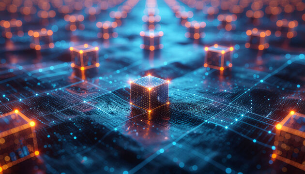 Stunning blockchain cube network with vibrant orange and blue lights, perfect for tech startups, cryptocurrency, and futuristic concepts, visually appealing
