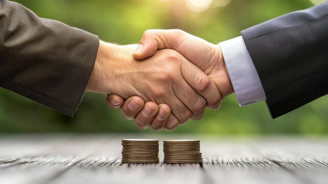Business handshake deal agreement partnership built on trust and contract negotiation over finance money coins, investment growth success outdoors