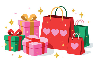 Vector illustration of a vibrant collection of gift boxes and shopping bags adorned with hearts, perfect for expressing love and celebration