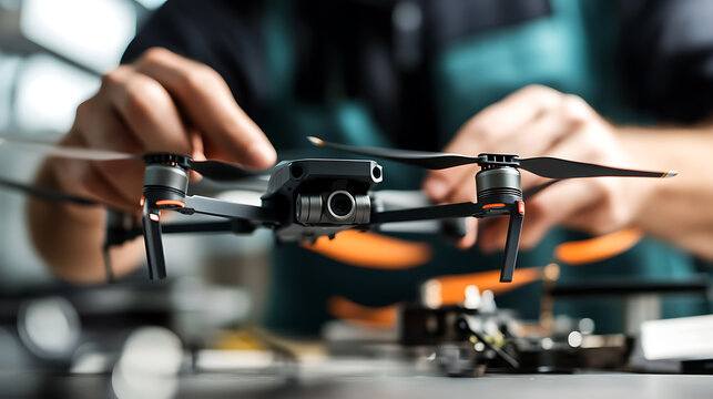 Close-up of an individual carefully working on a sleek, dark drone. The drone's camera and propellers are in sharp focus, highlighting precision engineering and aerial technology.
