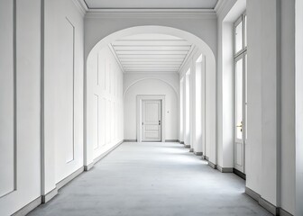 Fototapeta premium Bright white architectural hallway with arched ceiling and windows leading to a closed door at the end of the corridor