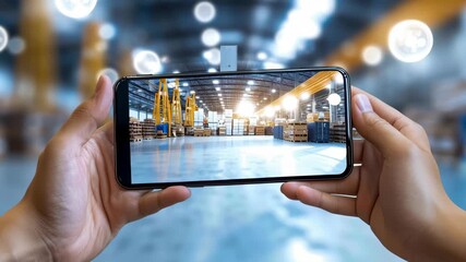 Smartphone augmented reality warehouse inventory logistics technology supply storage industry automation, modern warehouse viewed through smartphone - Powered by Adobe