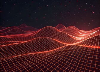 Abstract glowing red digital landscape with a wireframe grid overlay under a starry night sky