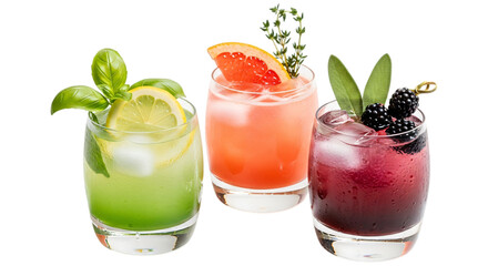 Three vibrant and refreshing cocktails with fresh fruit and herb garnishes, isolated on transparent background
