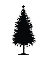 Decorated christmas tree isolated black silhouette on white background vector illustration.
