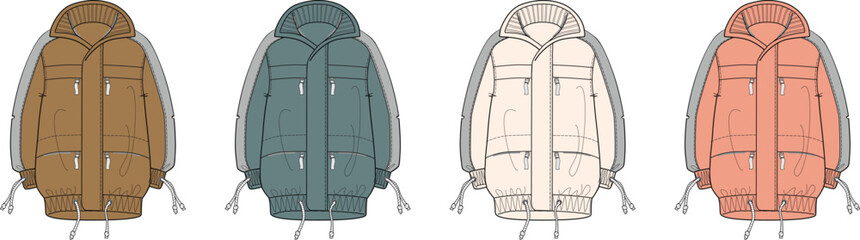 Diverse Color Palette of Winter Parkas Showcasing Functional Design Elements and Apparel Details © Sharmin