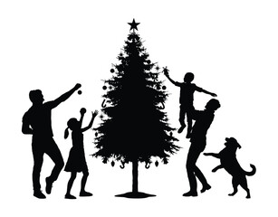 Family decorating christmas tree black silhouette isolated on white background.