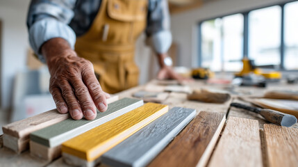 Contractor demonstrating weather stripping materials. A contractor stands at a workbench showing different weatherproofing materials to a homeowner.