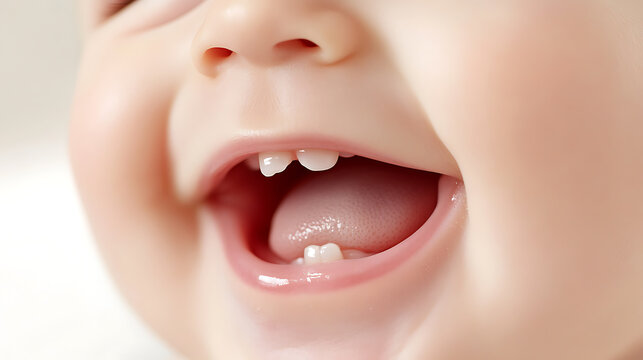 An extreme close up shows a baby's open mouth, revealing tiny teeth, a pink tongue, and soft skin, capturing a moment of pure, innocent joy in exquisite detail. Baby smiles brightly.