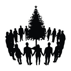Group people circle gathering with christmas tree vector silhouettes vector illustration.