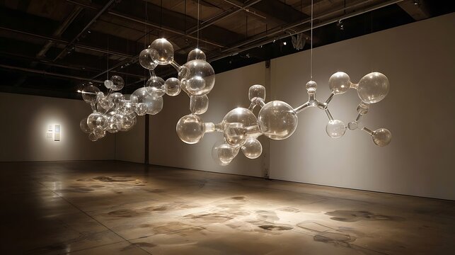 A chemistry-themed art installation with suspended molecules 