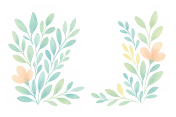 Watercolor floral frame forming two corners with pastel leaves and flowers on transparent background