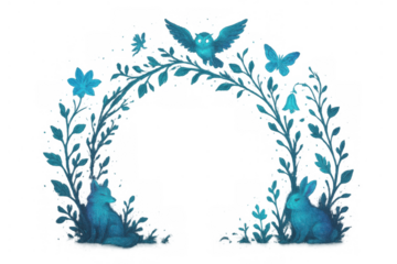 Magical forest arch with wildlife, fantasy gateway, mystical nature frame in blue-green, transparent background