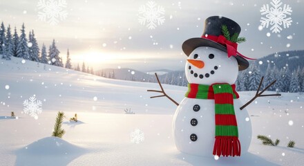 Fototapeta premium Cheerful Snowman in Snowy Winter Landscape with Snowflakes and Sunrise Glow