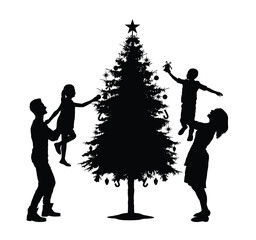 Parents with son and daughter decorating christmas tree together black silhouette vector illustration.