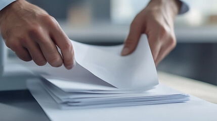 A person is sorting through a stack of white papers. The papers are neatly stacked on a desk. The person's hands are visible as they handle the papers. The focus is on organization.