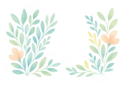 Watercolor floral frame forming two corners with pastel leaves and flowers on transparent background