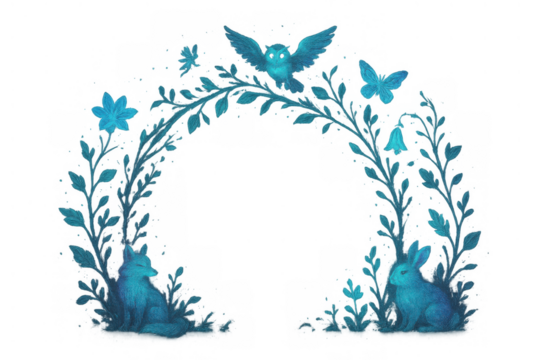 Magical forest arch with wildlife, fantasy gateway, mystical nature frame in blue-green, transparent background - Powered by Adobe