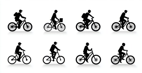 Obraz premium Collection of eight black silhouettes of people riding bicycles in various positions