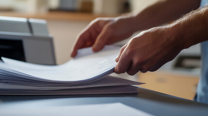 Close-up of a person's hands handling a stack of white paper. The papers are neatly aligned, suggesting organization or a work-related task. Visible edges of the sheets catch the light.