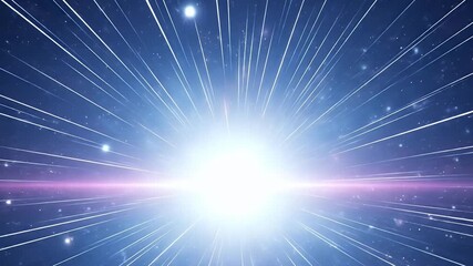 A dynamic, abstract animation depicting a bright, glowing light source at the center, emitting vibrant white rays that streak outwards against a dark, star-filled cosmic background. The intense burst  - Powered by Adobe