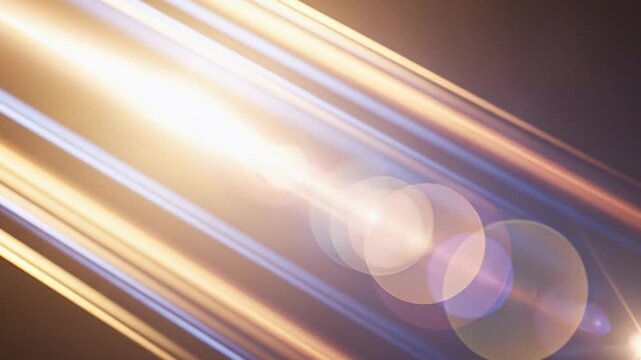 A dynamic abstract background features brilliant golden light streaking diagonally across a dark frame, accompanied by luminous blue and purple parallel beams. Multiple vibrant lens flares gracefully 