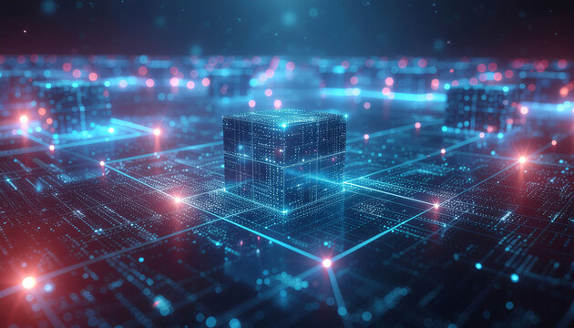 Futuristic technology cube glowing with digital connections represents innovation, data, and the metaverse in a sleek, modern design for tech companies