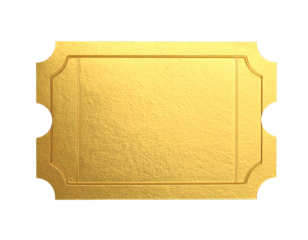 Blank golden ticket with ornate edges, isolated on black