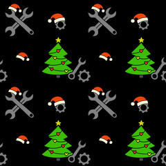 Seamless Christmas pattern with mechanic tools, gears and festive tree on black background. Modern holiday design for auto branding and packaging.