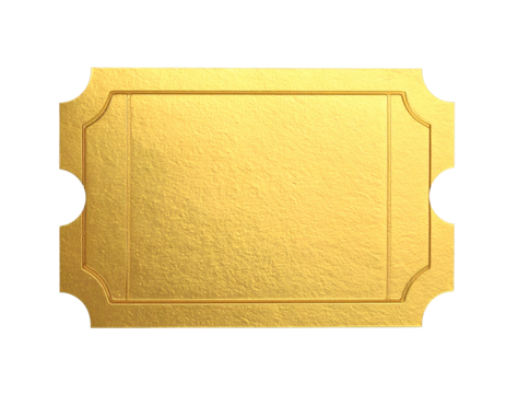 Blank golden ticket with ornate edges, isolated on black